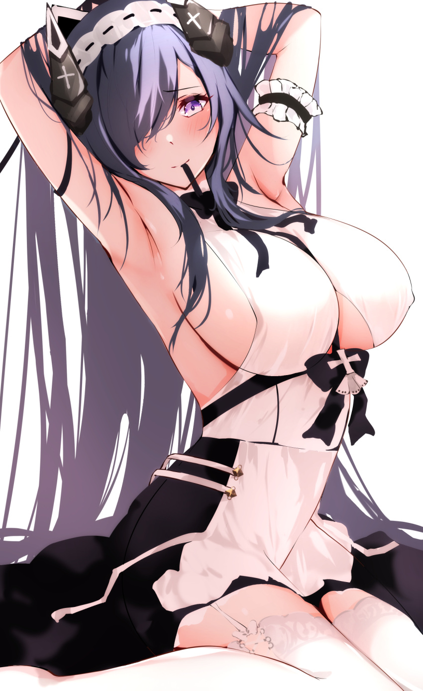 1girl armpits arms_behind_head arms_up august_von_parseval_(azur_lane) azur_lane bangs bare_shoulders blush breasts grey_hair highres itete large_breasts long_hair looking_at_viewer purple_eyes sideboob solo