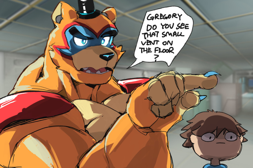 2022 among_us animatronic anthro ashendawger big_muscles blurred_background child claws clothed clothing dialogue duo english_text eyebrows facial_markings five_nights_at_freddy's five_nights_at_freddy's:_security_breach fur gesture glamrock_freddy_(fnaf) gregory_(fnaf) hair hat head_markings headgear headwear hi_res human humor innersloth inside machine male mammal markings meme muscular muscular_anthro muscular_male open_mouth pecs pointing robot scottgames shirt shoulder_pads teeth text tongue top_hat topless topless_anthro topless_male topwear tuft ursid video_games young
