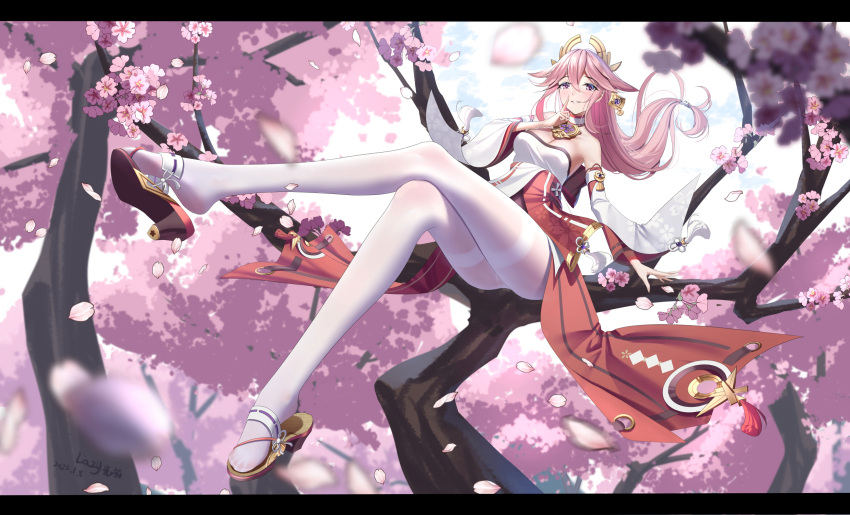1girl animal_ears arm_up bangs bare_shoulders blush breasts cherry_blossoms detached_sleeves earrings falling_petals floral_print fox_ears genshin_impact hair_ornament headgear highres in_tree index_finger_raised japanese_clothes jewelry kimono large_breasts lazy_guang_guang legs letterboxed long_hair long_legs looking_at_viewer miko necklace pantyhose pendant petals pink_hair priestess print_sleeves purple_eyes red_skirt sandals shoe_dangle sidelocks sitting sitting_in_tree skirt sleeveless sleeveless_kimono smile solo thighband_pantyhose thighs toes tree very_long_hair white_kimono white_legwear wide_sleeves yae_(genshin_impact)