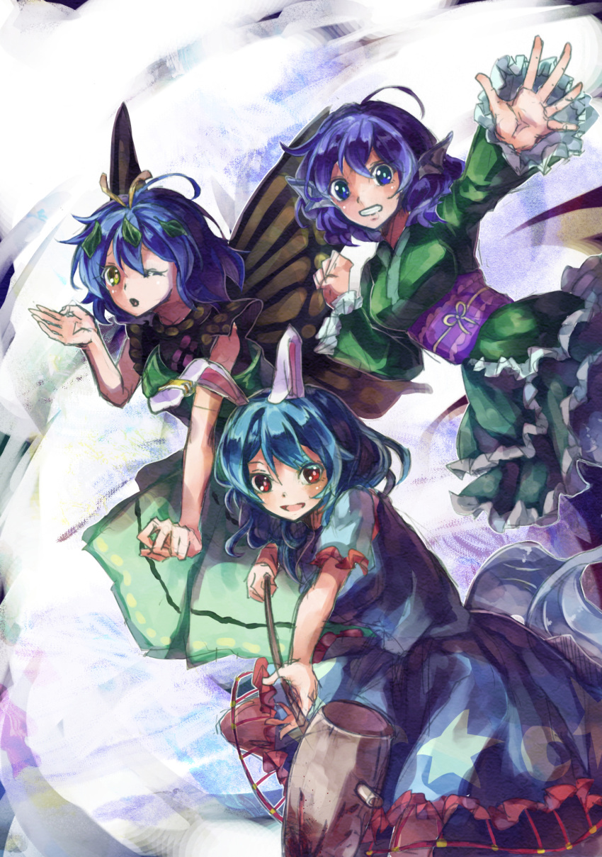 3girls animal_ears antennae aqua_hair blue_dress blue_eyes blue_hair butterfly_wings dress earclip eternity_larva fairy frilled_sleeves frills green_dress green_kimono hair_between_eyes head_fins highres holding japanese_clothes kimono kine leaf leaf_on_head long_hair long_sleeves mallet multicolored_clothes multicolored_dress multiple_girls obi one_eye_closed open_mouth rabbit_ears red_eyes sash seiran_(touhou) shometsu-kei_no_teruru short_hair short_sleeves single_strap smile touhou wakasagihime wide_sleeves wings yellow_eyes