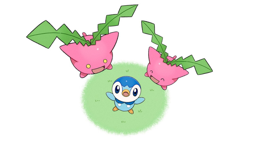 :d ^_^ closed_eyes commentary_request from_above grass hoppip no_humans official_art open_mouth piplup pokemon pokemon_(creature) project_pochama smile standing toes tongue yellow_eyes