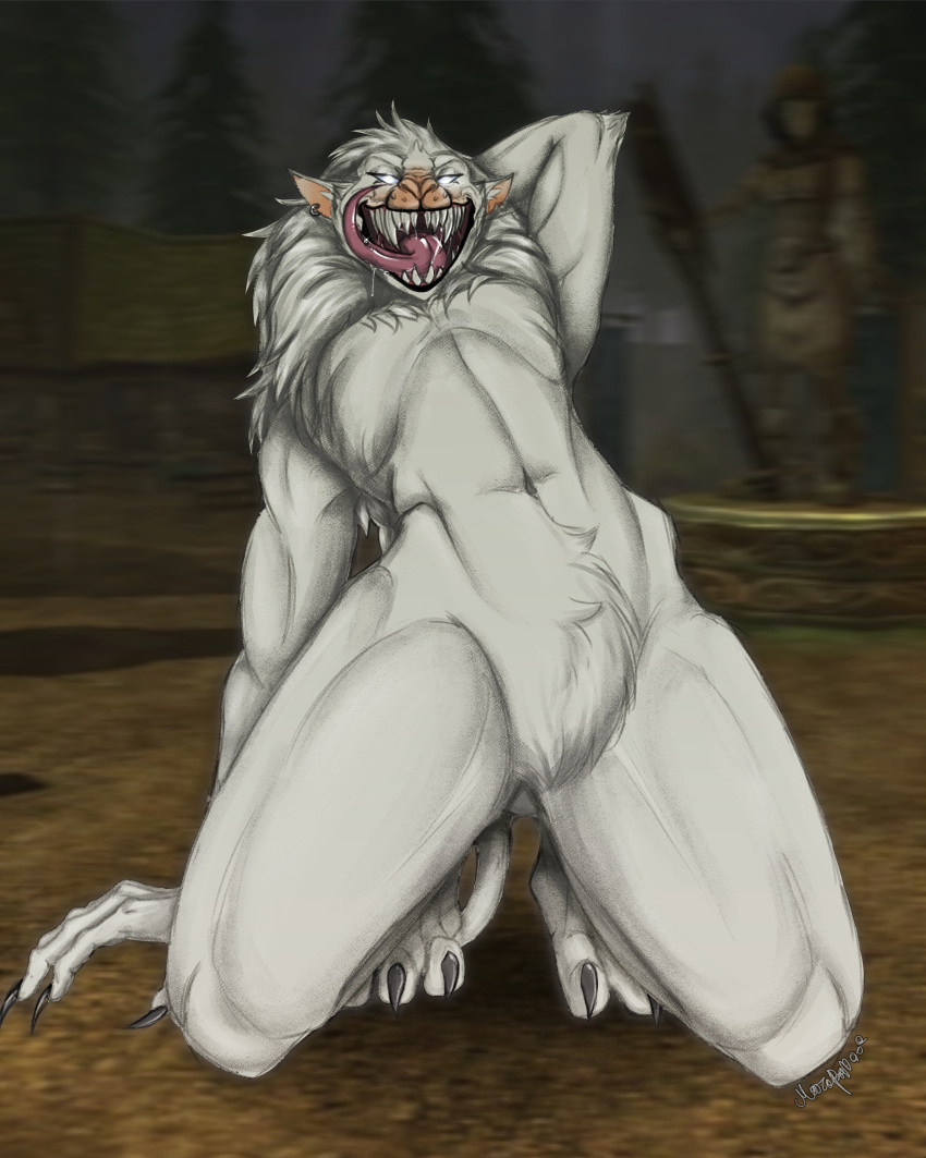 3d_background absurd_res andromorph anthro balverine_(fable) canid canine claws crotch_tuft fron_view fur hi_res humanoid intersex inviting long_tongue looking_at_viewer lycanthropy mammal moozapan_(artist) muscular neck_tuft pose raised_arm sharp_teeth slim solo teeth tongue tongue_out tuft video_games were werecanid werecanine werewolf white_body white_fur