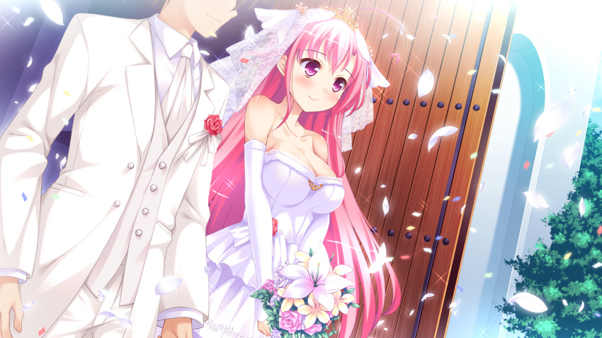 1boy 1girl bangs blush bouquet breasts bridal_veil cleavage closed_mouth collarbone collared_shirt couple day detached_sleeves diadem dress eyebrows_visible_through_hair floating_hair game_cg hair_between_eyes harukaze_sensation! head_out_of_frame highres holding holding_bouquet jacket ko~cha large_breasts long_hair long_sleeves miyatsuki_haruka open_clothes open_jacket outdoors pants petals pink_eyes pink_hair shiny shiny_hair shirt sleeveless sleeveless_dress smile sparkle strapless strapless_dress veil very_long_hair vest wedding white_dress white_jacket white_neckwear white_pants white_shirt white_sleeves white_vest wing_collar