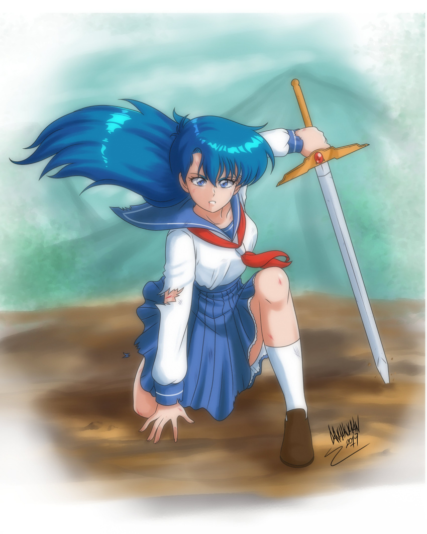 1girl absurdres asou_yuuko bangs blouse blue_eyes blue_hair blue_sailor_collar blue_skirt breasts brown_footwear collarbone danmakuman eyelashes highres holding holding_sword holding_weapon long_hair long_sleeves mugen_senshi_valis neckerchief open_mouth pleated_skirt red_neckerchief retro_artstyle sailor_collar school_uniform serafuku skirt small_breasts sword torn_clothes weapon white_blouse white_legwear