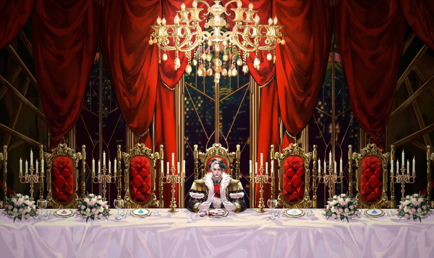 1boy alcohol anthonykaen bangs black_coat black_hair bouquet candle candlestand chair chandelier city_lights closed_eyes coat commentary cup curtains drinking_glass emet-selch english_commentary epaulettes facing_viewer final_fantasy final_fantasy_xiv flower fork fringe_trim fur-trimmed_coat fur_trim gloves highres holding holding_fork holding_knife knife long_sleeves long_table male_focus multicolored_hair parted_bangs plate red_curtains red_shirt shirt short_hair sitting solo spill spoilers spoon streaked_hair table tablecloth two-tone_hair white_gloves white_hair wide_shot window wine wine_glass