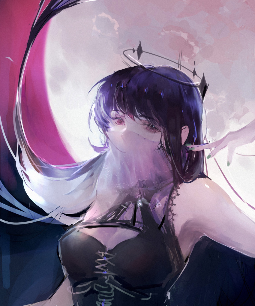 1girl 300886 armpits arms_up black_dress black_hair black_veil breasts chinese_commentary cleavage commentary_request dark_halo dress ears evernight_goddess halo highres long_hair looking_at_viewer lord_of_the_mysteries moon nail_polish night red_eyes red_moon veil