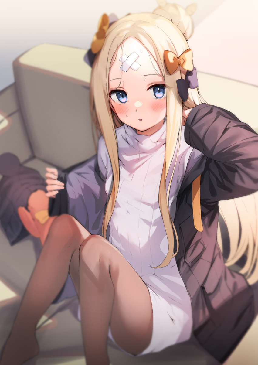 1girl :o abigail_williams_(fate) bangs black_bow black_headwear black_jacket blonde_hair blue_eyes blurry blurry_background blush bow breasts brown_legwear couch fate/grand_order fate_(series) foot_out_of_frame forehead hair_bow headwear_removed highres indoors jacket long_hair long_sleeves looking_at_viewer multiple_bows multiple_hair_bows on_couch open_clothes open_jacket open_mouth orange_bow pantyhose parted_bangs polka_dot polka_dot_bow sakimiya_mafu sidelocks sitting sleeves_past_wrists small_breasts solo sweat sweater very_long_hair white_sweater