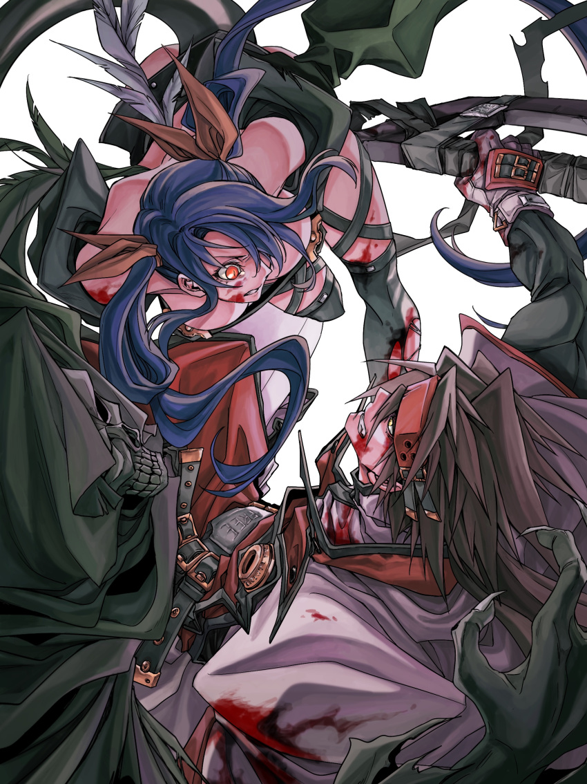 1girl 2boys absurdres angel_wings asymmetrical_wings bare_shoulders battle blood blood_on_clothes blood_on_face blood_on_leg blue_hair breasts brown_hair cleavage detached_sleeves dizzy_(guilty_gear) dong_hole english_text father_and_daughter fighting fingernails guilty_gear guilty_gear_xx hair_ribbon headband highres holding holding_sword holding_weapon long_hair monster_girl multiple_boys necro_(guilty_gear) order-sol ponytail red_eyes ribbon sharp_fingernails simple_background skeleton sol_badguy sword tail thigh_strap torn_clothes torn_legwear twintails weapon white_background wings yellow_ribbon