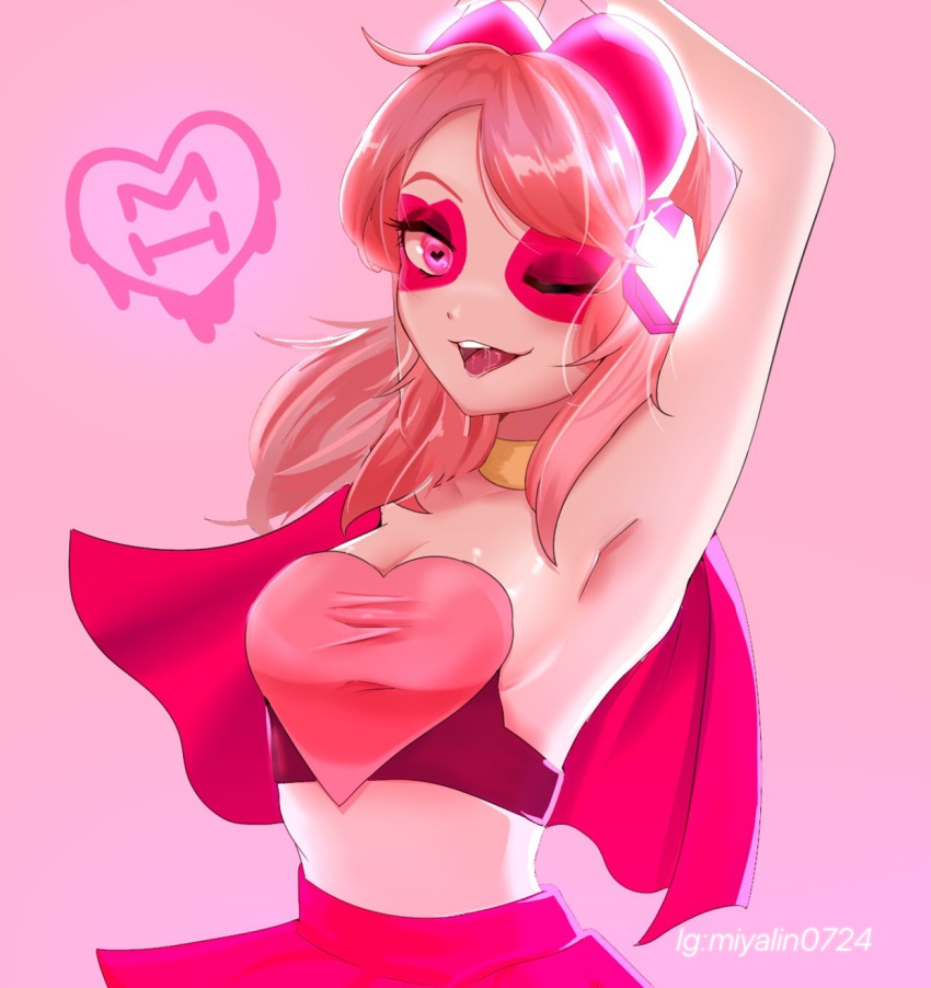 1girl armpits breasts cape cleavage gradient gradient_background heart heart-shaped_pupils highres long_hair medium_breasts midriff miss_heed one_eye_closed open_mouth pink_background pink_eyes pink_hair purple_background red_cape red_skirt skirt smile solo sugarkurage symbol-shaped_pupils upper_body villainous