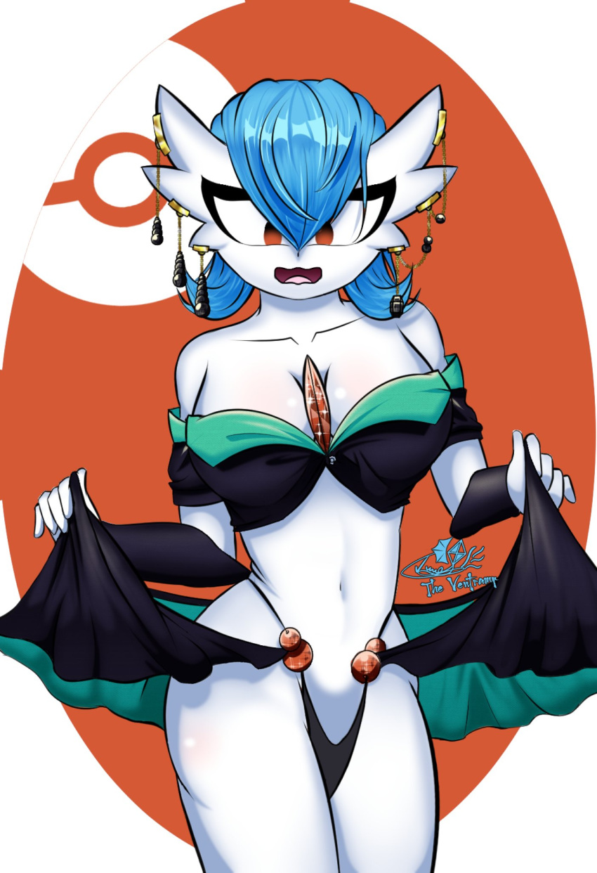 2021 :s blue_hair breasts clothed clothing ear_piercing ear_ring female gardevoir hair hi_res holding_clothing holding_object humanoid jewelry navel nintendo not_furry open_mouth orange_eyes piercing pok&eacute;mon pok&eacute;mon_(species) signature simple_background skimpy solo the_ventramp video_games