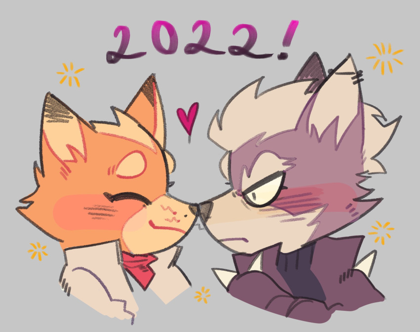 &lt;3 2021 anthro anthro_on_anthro blush canid canine canis clothed clothing duo ear_piercing eyebrows eyes_closed fox fox_mccloud fur grey_background hair hi_res holidays iglioatelle jacket male male/male mammal neckerchief new_year nintendo nose_kiss nose_to_nose number piercing simple_background smile spikes star_fox topwear tuft video_games wolf wolf_o'donnell