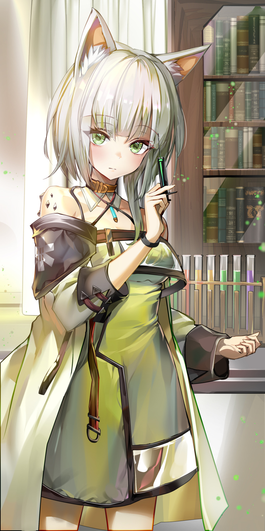 1girl a_(sofi3103) absurdres animal_ear_fluff animal_ears arknights asymmetrical_hair blush bookshelf breasts cat_ears closed_mouth coat commentary cowboy_shot detached_collar dress expressionless eyebrows_visible_through_hair green_dress green_eyes highres holding holding_syringe jewelry kal'tsit_(arknights) light_green_hair light_particles looking_at_viewer medium_breasts medium_hair multicolored_hair oripathy_lesion_(arknights) pendant see-through silver_hair solo standing syringe test_tube test_tube_rack two-tone_hair white_coat wristband