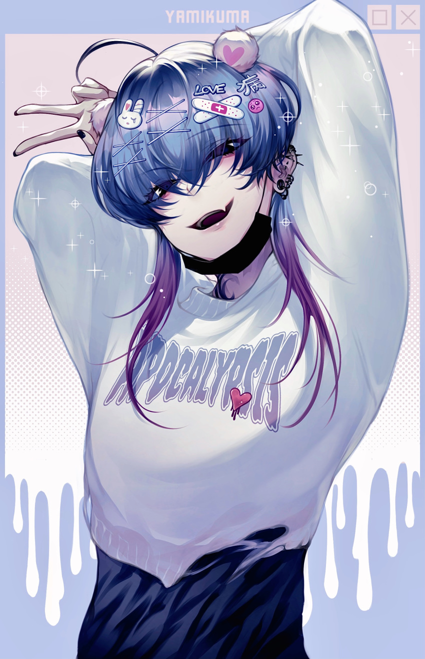 1boy absurdres aki_(xxparadexx) androgynous bishounen blue_hair colored_tips ear_piercing earrings fang fangs hair_ornament hairclip highres jewelry male_focus mask mouth_mask multicolored_hair original pale_skin piercing purple_hair tattoo yandere