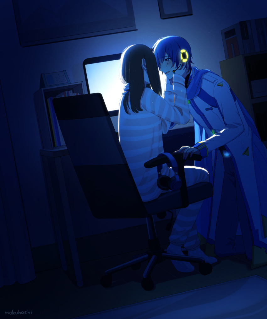 1boy 1girl backlighting bed blue_hair blue_scarf blush bookshelf brown_hair chair coat commentary desk hands_on_another's_cheeks hands_on_another's_face headphones hetero highres imminent_kiss indoors kaito_(vocaloid) leaning_forward long_sleeves master_(vocaloid) medium_hair microphone monitor nokuhashi office_chair open_mouth pajamas photo_(object) scarf shirt short_hair signature smile striped striped_legwear striped_shirt vocaloid white_coat