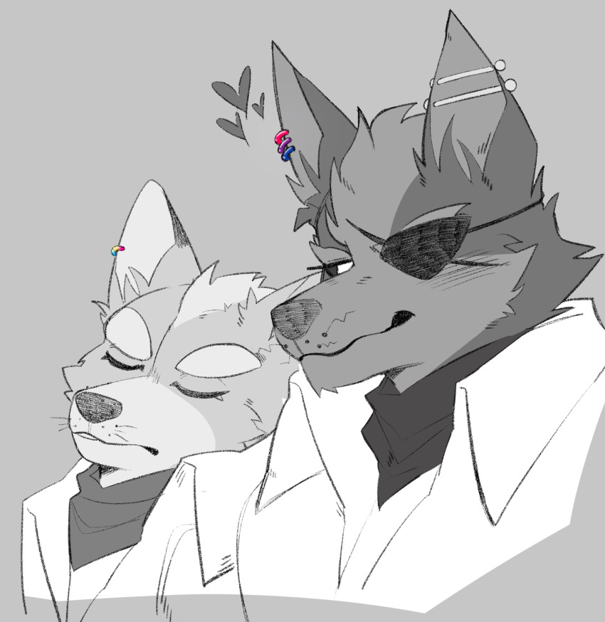 &lt;3 2022 anthro anthro_on_anthro bisexual_pride_colors canid canine canis clothed clothing cuddling duo ear_piercing ear_ring eye_patch eyebrows eyes_closed eyewear fox fox_mccloud fur grey_background greyscale hair head_on_shoulder hi_res iglioatelle jacket lgbt_pride looking_at_another male male/male mammal monochrome narrowed_eyes neckerchief nintendo pansexual_pride_colors piercing pride_colors scar simple_background sleeping smile star_fox topwear tuft video_games whiskers wolf wolf_o'donnell