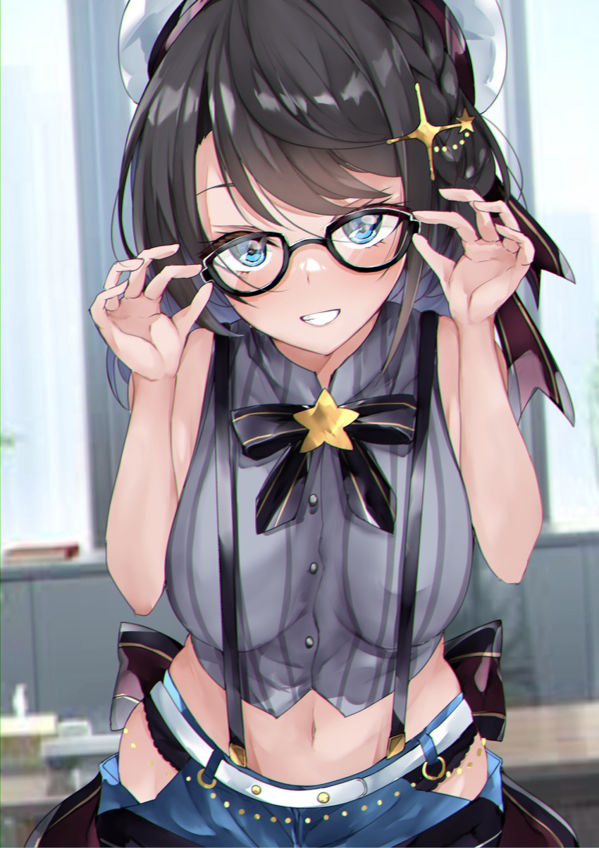 1girl beret black-framed_eyewear black_hair blue_eyes breasts clenched_teeth commentary_request glasses grey_shirt hair_ornament hat highres hololive large_breasts looking_at_viewer mutou_(94753939) navel oozora_subaru shirt short_hair smile solo striped striped_shirt suspenders teeth vertical-striped_shirt vertical_stripes virtual_youtuber white_headwear