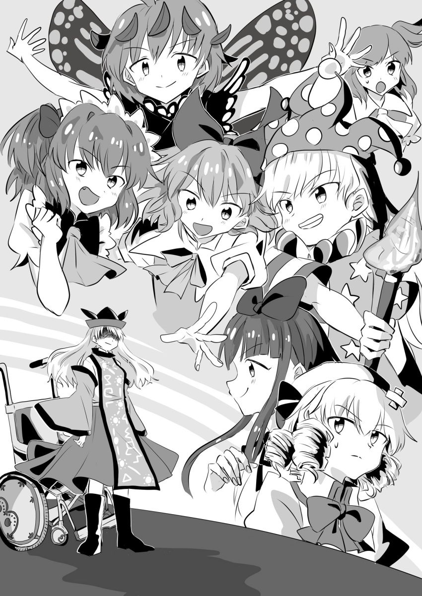 6+girls american_flag_dress antennae bad_id bad_pixiv_id blush bow butterfly_wings cirno closed_mouth clownpiece constellation_print daiyousei downscaled dress drill_hair eternity_larva eyebrows_visible_through_hair fairy fang greyscale hair_between_eyes hair_bow hat highres holding holding_torch jester_cap kneehighs leaf leaf_on_head long_hair luna_child matara_okina monochrome multiple_girls okome56565 open_mouth outstretched_arms polka_dot_headwear resized shaded_face short_hair side_ponytail skirt smile spread_arms star_(symbol) star_print star_sapphire striped striped_dress sunny_milk tabard third-party_source torch touhou touhou_sangetsusei wheelchair wings