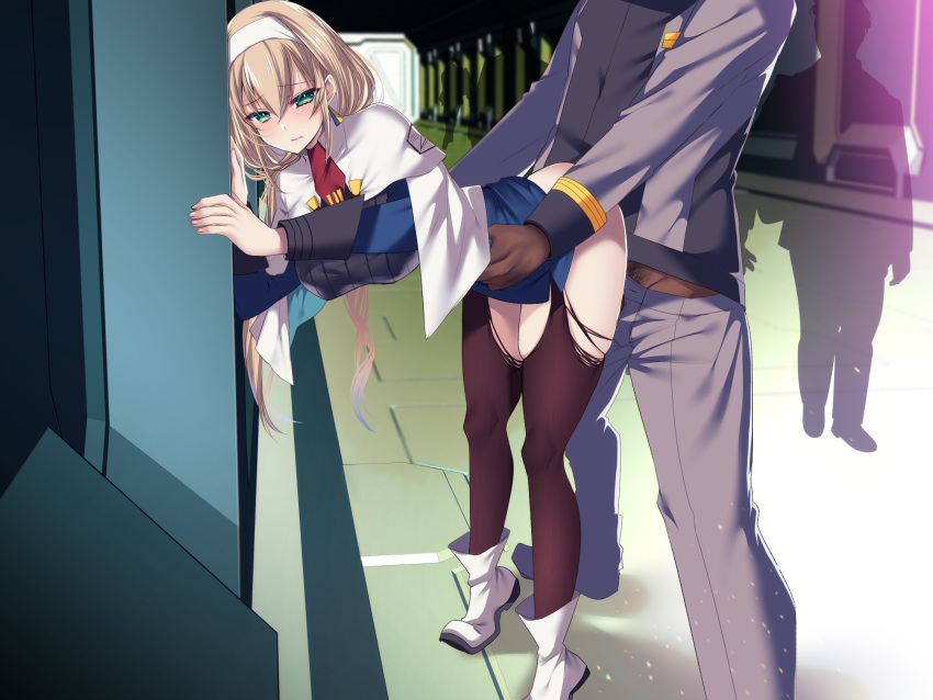 1boy 1girl black_legwear blonde_hair blue_dress capelet dark-skinned_male dark_skin dress earrings eyebrows_visible_through_hair green_eyes hairband head_out_of_frame hetero highres interracial jewelry long_hair low_twintails military military_uniform mitsuba_greyvalley pantyhose red_neckwear sex sex_from_behind silhouette solo_focus standing standing_sex super_robot_wars super_robot_wars_30 tajima_yoshikazu tied_hair torn_clothes torn_legwear torso_grab triangle_earrings twintails uniform white_capelet white_footwear white_hairband