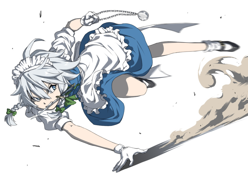 1girl action angry apron arm_support black_footwear blue_eyes bow braid dust_cloud frilled_apron frills frown glaring green_bow hand_on_ground headdress holding inuno_rakugaki izayoi_sakuya jumping knife looking_to_the_side maid_headdress mary_janes motion_blur outstretched_leg pocket_watch puffy_short_sleeves puffy_sleeves sash shirt shoes short_hair short_sleeves silver_hair simple_background solo teeth_hold touhou twin_braids watch white_apron white_background white_legwear white_sash white_shirt