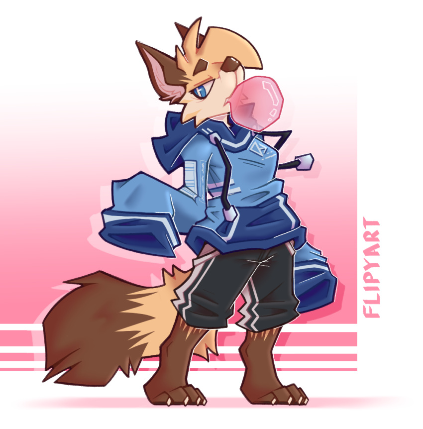 anthro barefoot brown_body brown_fur bubble_gum canid canine clothed clothing feet female fennec flip_(flipyart) flipyart fox fully_clothed fur hoodie mammal nonbinary_(lore) solo standing topwear yellow_body yellow_fur