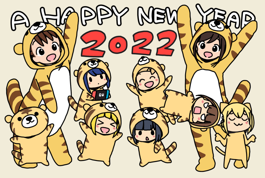 &gt;_&lt; 2022 6+girls :3 akamatsu_yui angry animal_costume animal_print aoyama_kotoha_(mitsuboshi_colors) arm_up arms_up bangs black_hair blonde_hair blue_hair blunt_bangs blush_stickers brown_hair chibi chinese_zodiac closed_mouth commentary_request dot_mouth full_body hands_up happy_new_year highres hitori_bocchi hitoribocchi_no_marumaru_seikatsu honshou_aru katsuwo_(cr66g) kise_saki kurai_kako looking_at_another mitsuboshi_colors multiple_girls new_year nintendo_switch open_mouth shrugging simple_background smile sotoka_rakita split_mouth sunao_nako tiger tiger_costume tiger_print year_of_the_tiger yellow_background