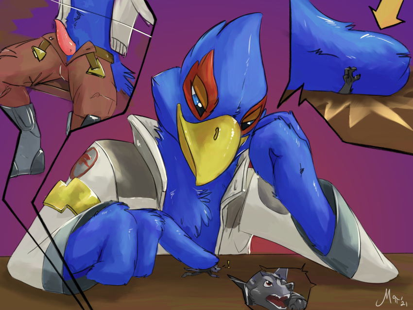 anthro avian avian_penis bird canid canine canis clothed clothing crush erection falco_lombardi feathers fingers genitals hi_res magpi male mammal micro nintendo penis size_difference star_fox video_games wolf wolf_o'donnell