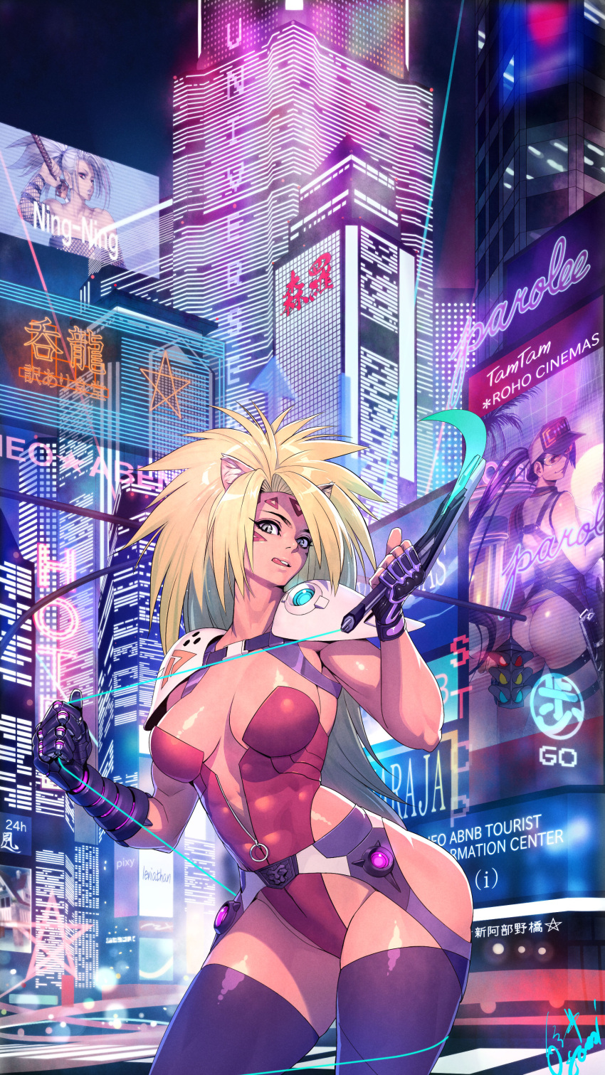 1girl abs absurdres animal_ears armor asymmetrical_gloves bangs blonde_hair breasts building cat_ears covered_abs energy_blade facial_mark highleg highleg_leotard highres holding holding_weapon impossible_clothes leotard long_hair messy_hair night ogami original outdoors partially_unzipped scenery shoulder_armor shoulder_pads skin_tight solo thighhighs weapon