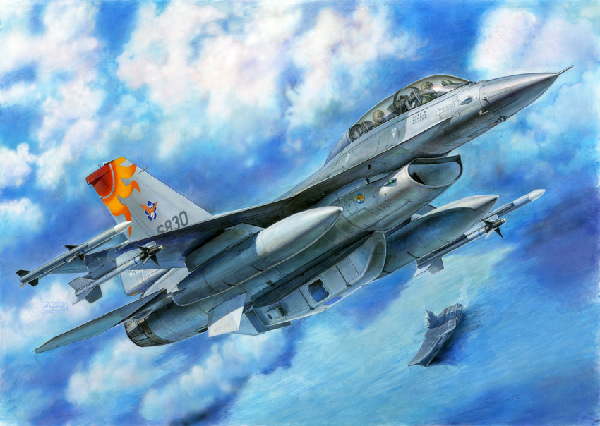 aim-9_sidewinder aircraft aircraft_carrier airplane box_art canopy_(aircraft) cloud cloudy_sky commentary_request f-16_fighting_falcon fighter_jet jet koizumi_kazuaki_production looking_to_the_side military military_vehicle missile ocean original pilot pilot_helmet pilot_suit ship signature sky vehicle_focus warship watercraft weapon