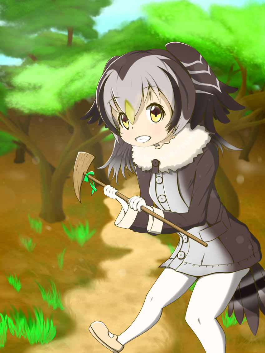 1girl beige_footwear bird_girl bird_tail coat feathers forest_owlet_(kemono_friends) gloves grey_coat grey_hair grin highres holding kemono_friends mary_janes owl_girl shoes smile solo tail tree white_gloves yellow_eyes yuuyrx