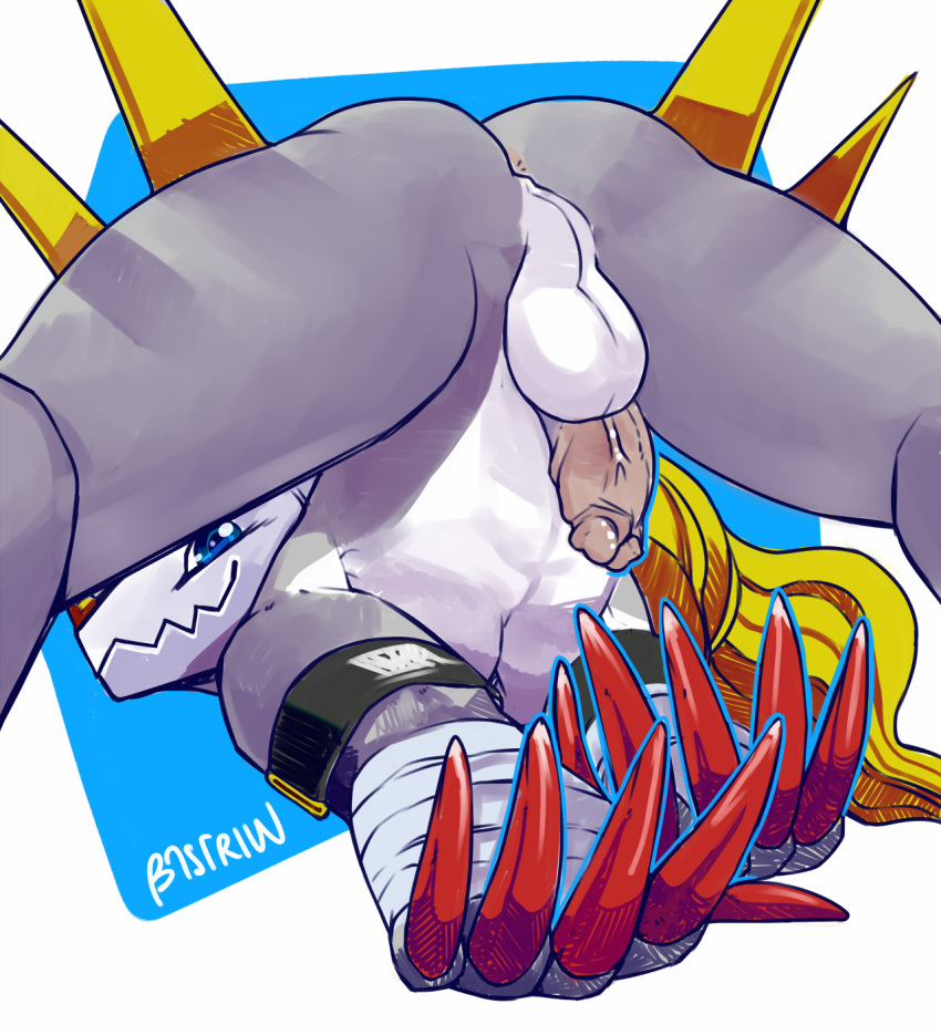 anthro anus ass_up balls bandai_namco bastriw blue_eyes butt claws digimon digimon_(species) erection filmon fur genitals grey_body grey_fur hi_res looking_at_viewer looking_back male penis perineum presenting presenting_anus solo spread_legs spreading zigzag_teeth