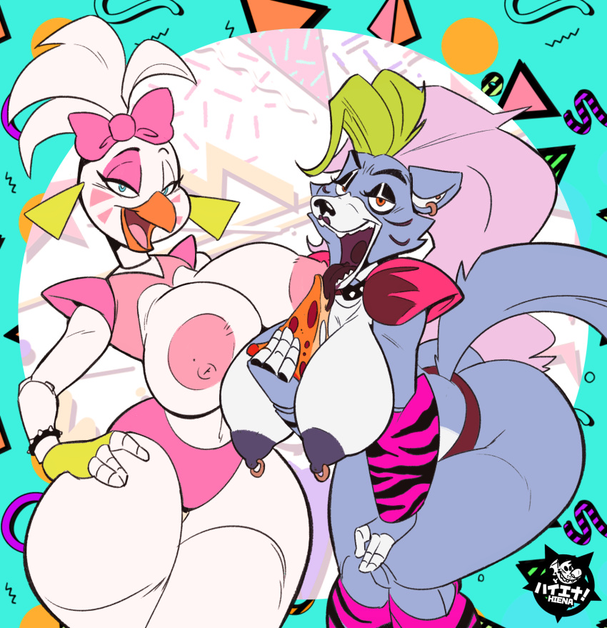 anthro areola big_breasts breasts canid canine canis chica_(fnaf) chiken duo female female/female five_nights_at_freddy's food hi_res huge_breasts mammal nipple_piercing nipples piercing pink_areola pink_nipples pizza purple_areola purple_nipples rockstar_foxy_(fnaf) scottgames thewilldpink video_games wolf