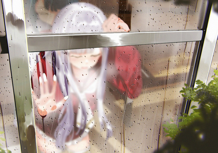 2girls against_window aizawa_kazuha arm_up assault_lily bangs blue_hair blurry blurry_background blurry_foreground blush closed_eyes condensation day frilled_skirt frills from_outside hand_on_window hand_up herensuge_girls_academy_school_uniform highres implied_futanari implied_sex kanba_girls_high_school_uniform kon_kanaho leaning_forward long_hair long_sleeves miniskirt multiple_girls necktie open_mouth orihi_chihiro plant rain red_sailor_collar red_shirt red_skirt sailor_collar school_uniform shirt short_necktie sidelocks silver_hair skirt standing thighhighs water_drop white_legwear white_necktie window window_fog