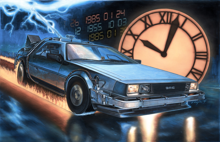 1955 1985 back_to_the_future box_art burning car clock commentary_request delorean fire ground_vehicle headlight koizumi_kazuaki_production lightning motor_vehicle no_humans radio_antenna reflection science_fiction signature time_machine tire vehicle_focus wheel wire