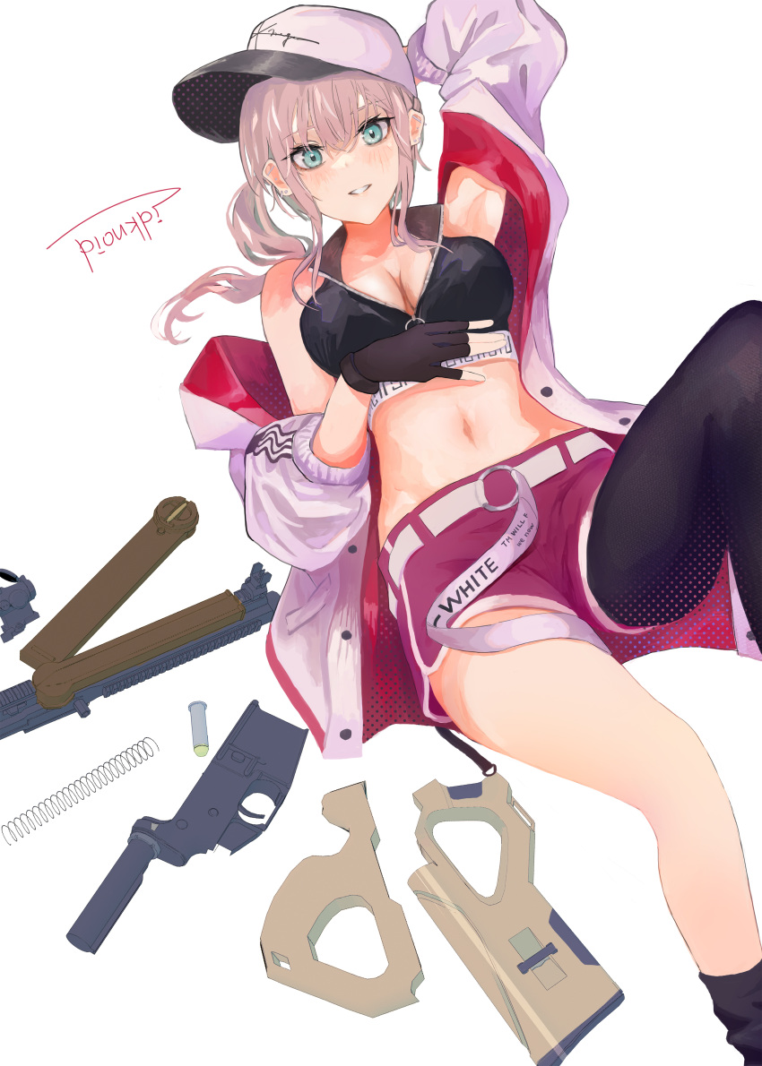 1girl absurdres aqua_eyes ar-57 ar-57_(girls'_frontline) arm_behind_head armpits artist_name bangs bare_shoulders black_gloves black_legwear black_tank_top blonde_hair blush breasts cleavage crop_top eyebrows_visible_through_hair feet_out_of_frame fingerless_gloves girls'_frontline gloves hand_on_own_stomach highres jacket jacket_pull long_hair looking_at_viewer lying medium_breasts navel on_back open_clothes open_jacket open_mouth pink_shorts reraise shorts side_ponytail single_sock single_thighhigh smile socks solo tank_top teeth thighhighs white_background white_headwear white_jacket
