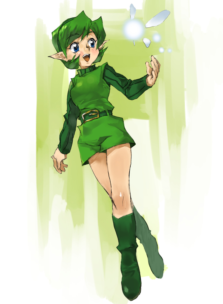 1girl belt blue_eyes boots commentary eyebrows_visible_through_hair fairy full_body green_hair green_hairband hairband highres kokiri pointy_ears saria_(the_legend_of_zelda) shino_(2919) shirt short_hair shorts simple_background sleeveless sleeveless_shirt smile solo sweater the_legend_of_zelda the_legend_of_zelda:_ocarina_of_time