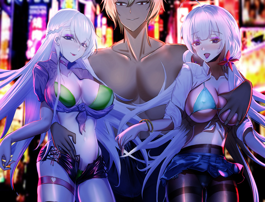 1boy 2girls alternate_costume aqua_bikini aqua_bra aqua_panties azur_lane bangs belfast_(azur_lane) bikini bikini_top black_legwear black_shorts blonde_hair blue_eyes blue_skirt blush bra bracelet braid breasts choker cleavage closed_mouth clothes_pull collarbone corruption dark-skinned_male dark_skin eyebrows_visible_through_hair feet_out_of_frame flower french_braid gosama green_bikini green_bra green_panties gyaru hair_flower hair_ornament hand_on_own_chest highres hug illustrious_(azur_lane) jewelry large_breasts lips long_hair looking_at_viewer multiple_girls naked_shirt navel netorare open_clothes open_mouth open_shirt open_shorts panties panties_under_pantyhose pantyhose pink_choker pink_lips purple_eyes purple_lips red_eyes shirt short_hair shorts silver_hair simple_background skirt skirt_pull smile smirk standing swimsuit teeth underwear upper_teeth white_hair white_shirt