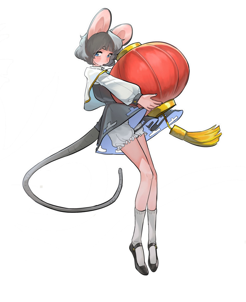 animal_ears bangs black_footwear capelet dress frogsnake grey_dress grey_hair grey_skirt grey_vest highres layered_clothing long_sleeves mouse mouse_ears mouse_girl mouse_tail nazrin red_eyes shirt shoes short_hair skirt skirt_set socks tail touhou vest white_capelet white_legwear white_shirt