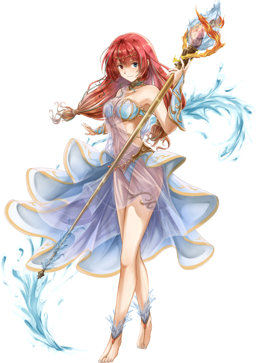 1girl absurdres armor bangs bare_legs barefoot barefoot_sandals baumku_techen bikini bikini_armor blue_bikini blue_eyes brown_hair circlet closed_mouth eyebrows_visible_through_hair full_body gradient_hair hair_between_eyes heterochromia highres holding holding_staff long_hair looking_at_viewer multicolored_hair original red_eyes red_hair see-through simple_background smile solo staff standing swimsuit thighlet very_long_hair white_background