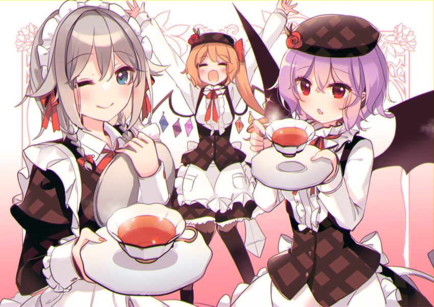 3girls =_= alternate_costume apron arms_up asymmetrical_hair back_bow bangs bat_wings black_legwear blonde_hair blowing blue_eyes blush bow braid buttons center_frills checkered_clothes checkered_headwear checkered_vest collared_shirt commentary_request crystal cup enmaided eyelashes fang feet_out_of_frame flandre_scarlet flower frilled_apron frills gradient gradient_background hair_ribbon happy hat hat_flower hat_ornament headdress holding holding_tray izayoi_sakuya juliet_sleeves kirero long_sleeves looking_at_viewer maid maid_apron maid_headdress multiple_girls neck_ribbon one_eye_closed one_side_up open_mouth pantyhose pink_background pocket pointy_ears puffy_sleeves purple_hair red_bow red_flower red_ribbon red_rose remilia_scarlet ribbon rose sash saucer shirt siblings side_ponytail silver_hair sisters skin_fang sleeve_cuffs standing tea teacup touhou tray tress_ribbon twin_braids vest white_apron white_sash white_shirt wing_collar wings