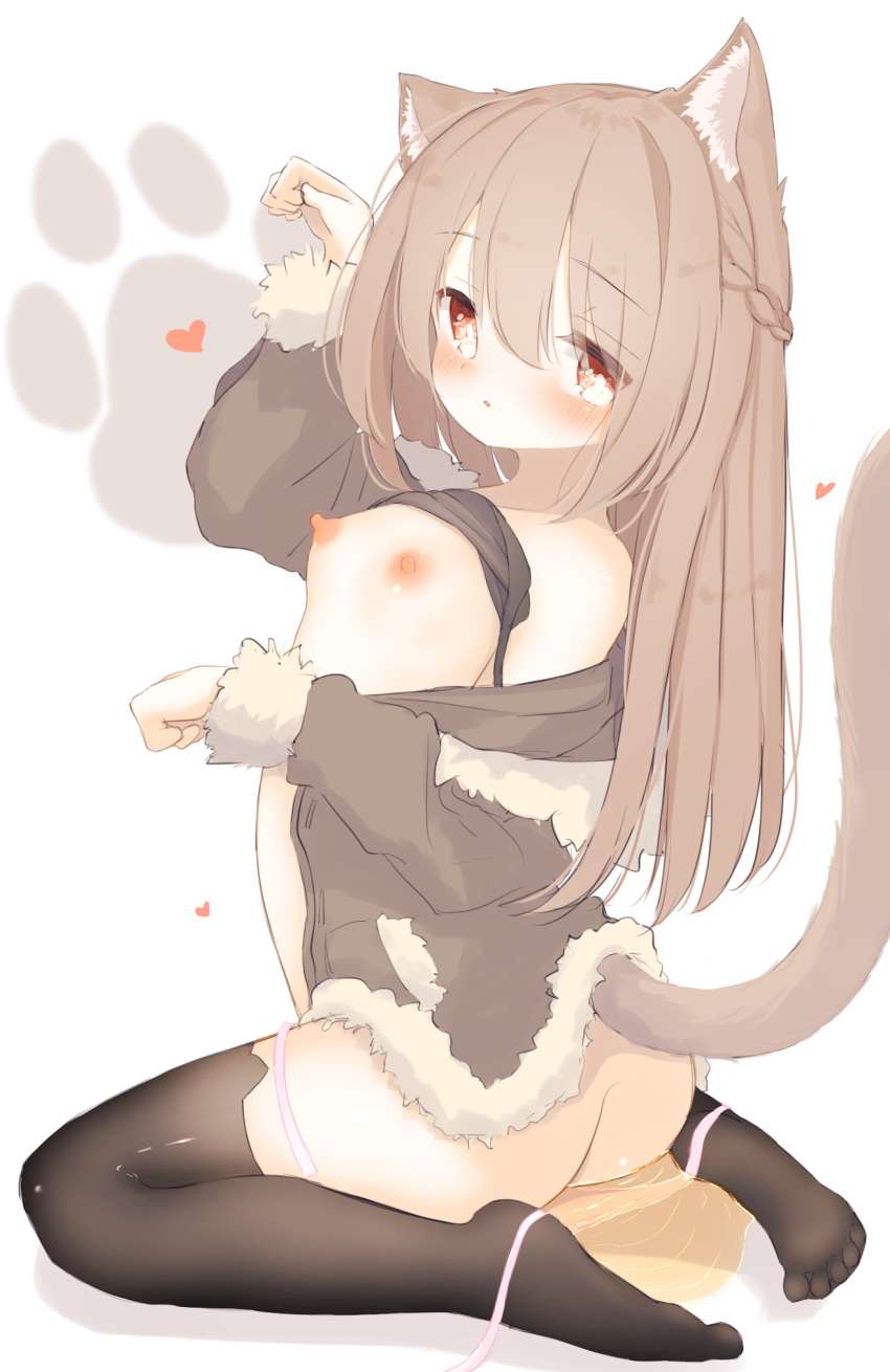 1girl :o animal_ear_fluff animal_ears ass bangs black_legwear blush braid breasts breasts_outside brown_hair cat_ears cat_girl cat_tail clothes_lift commentary_request eyebrows_visible_through_hair hair_between_eyes heart highres long_hair looking_at_viewer nemonerin nipples no_shoes open_clothes original panties panty_pull paw_pose paw_print paw_print_background pee pink_panties puddle red_eyes shirt_lift side-tie_panties simple_background sitting small_breasts soles solo tail tail_raised thighhighs underwear untied untied_panties wariza