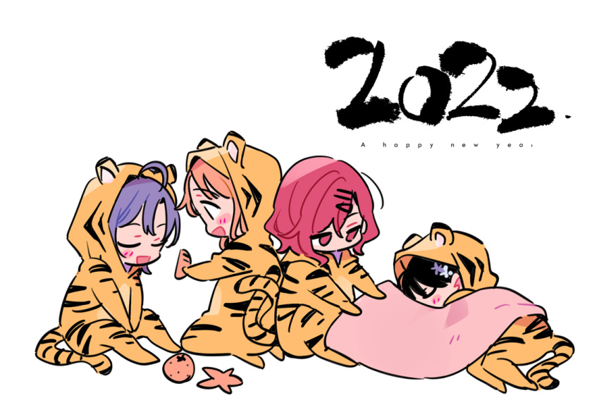 4girls ahoge animal_costume asakura_tooru black_hair blanket blue_hair closed_eyes commentary_request feeding flower food fruit fukumaru_koito hair_flower hair_ornament hairclip happy_new_year higuchi_madoka hood hooded_pajamas ichikawa_hinana idolmaster idolmaster_shiny_colors kimino_tomonari multiple_girls new_year noctchill_(idolmaster) open_mouth orange_(fruit) orange_hair pajamas red_eyes red_hair sleeping tiger_stripes white_background