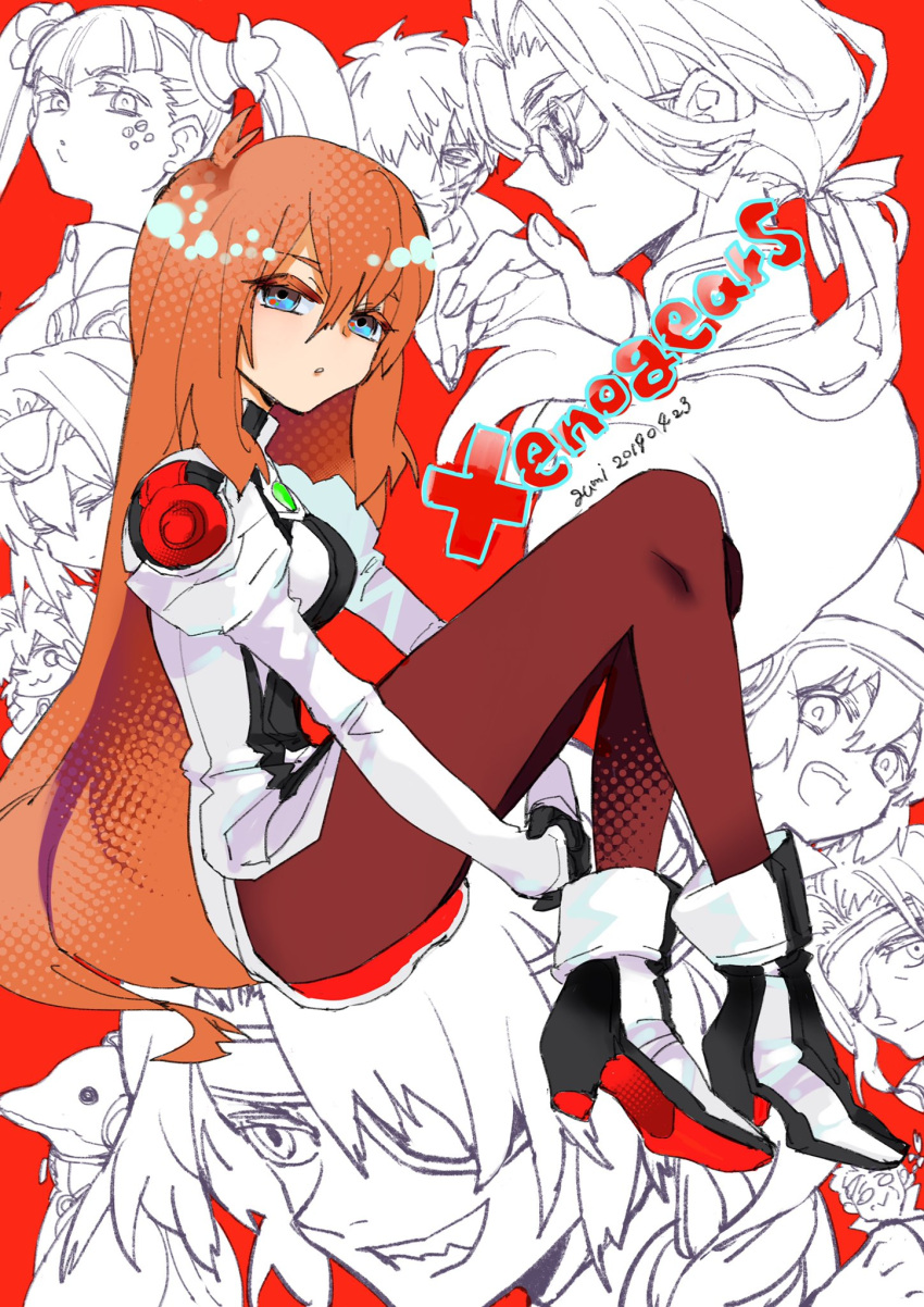 bartholomew_fatima blue_eyes breasts citan_uzuki closed_mouth elhaym_van_houten emerada_(xenogears) fei_fong_wong gloves highres kawakimon long_hair looking_at_viewer marguerite_fatima maria_balthasar multiple_boys multiple_girls open_mouth orange_hair pantyhose simple_background smile uniform xenogears