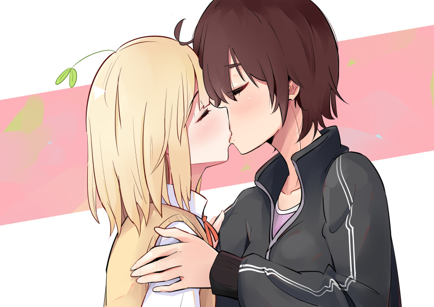 2girls asagao_to_kase-san blonde_hair blush brown_hair closed_eyes collarbone commentary_request couple hand_on_another's_shoulder highres kase_tomoka kiss medium_hair multiple_girls pink_background simple_background star-kiss tomboy white_background yamada_yui yuri
