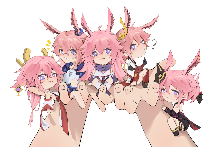 1other 5girls :3 ? absurdres animal_ears armor bangs bare_shoulders chibi chibi_inset closed_mouth company_connection crossover earrings fingernails fox_ears fox_mask full_body genshin_impact grin hair_between_eyes hair_ornament highres honkai_(series) honkai_impact_3rd japanese_armor japanese_clothes jewelry kimono long_hair looking_at_viewer mask mihoyo_technology_(shanghai)_co._ltd. miko multiple_girls ninja open_mouth pink_hair purple_eyes purple_scarf sakura_ayane scarf shiba257 simple_background sleeveless smile teeth tongue tongue_out trait_connection voice_actor_connection white_background white_kimono white_legwear yae_(genshin_impact) yae_kasumi yae_sakura yae_sakura_(darkbolt_jonin) yae_sakura_(flame_sakitama) yae_sakura_(goushinnso_memento) yae_sakura_(gyakushinn_miko)