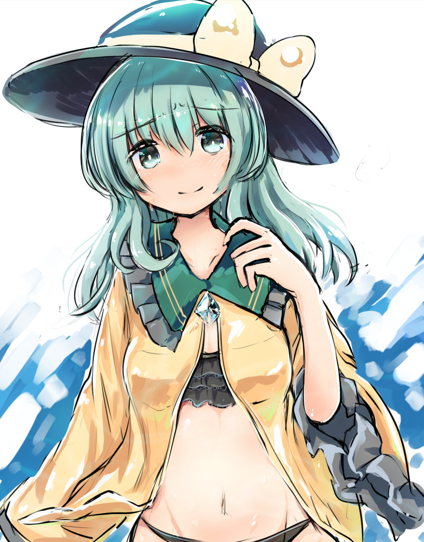 1girl aqua_eyes aqua_hair bangs black_bra black_headwear black_panties blouse blush bra buttons closed_mouth collared_blouse commentary_request diamond_button eyebrows_visible_through_hair frilled_shirt_collar frilled_sleeves frills furrowed_brow hair_between_eyes hat hat_ribbon highres komeiji_koishi long_sleeves looking_at_viewer medium_hair navel open_blouse open_clothes panties ribbon rpameri smile solo touhou underwear wavy_hair wide_sleeves yellow_blouse yellow_ribbon