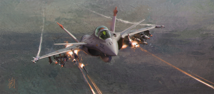 action aircraft airplane attack canopy_(aircraft) cockpit contrail english_commentary fighter_jet fire firing flying highres jet military military_vehicle missile original pvtskwerl rafale realistic signature vehicle_focus