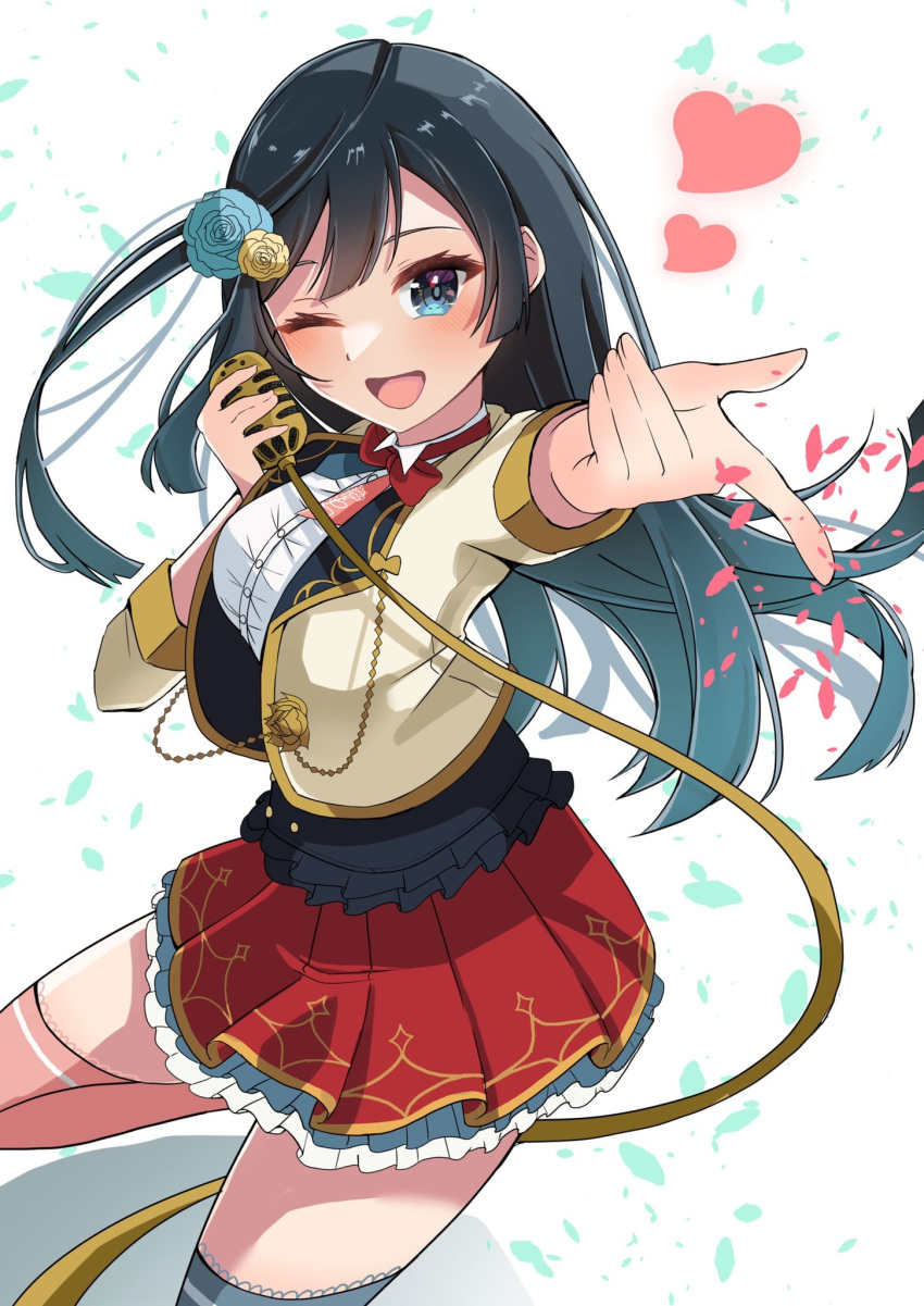 aiguillette bangs black_eyes black_hair bow bowtie buttons collared_shirt cropped_jacket double-breasted feather_hair_ornament feathers flower frilled_shirt frilled_skirt frills grey_eyes hair_flower hair_ornament heart highres idol_clothes jacket kimura_mitsuki long_hair love_live! love_live!_nijigasaki_high_school_idol_club microphone miniskirt one_side_up red_neckwear red_skirt shirt simple_background skirt white_background white_shirt yellow_jacket yuuki_setsuna_(love_live!)
