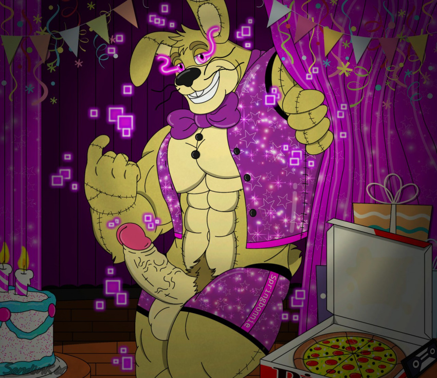 barazoku boxer_(disambiguation) boxer_briefs clothing five_nights_at_freddy's fnaf_vr_help_wanted food genitals gift glitchtrap humanoid lagomorph leporid male male/male mammal muscular penis pizza rabbit scottgames solo sondinker_fazbear's spring_bonnie_(fnaf) stage underwear video_games virus
