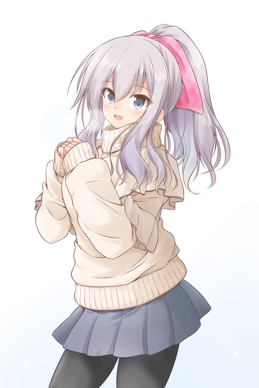 1girl alternate_costume black_legwear black_skirt blue_eyes highres icesherbet kantai_collection kashima_(kancolle) long_sleeves miniskirt official_alternate_costume pantyhose pleated_skirt ponytail sidelocks silver_hair skirt solo sweater white_sweater