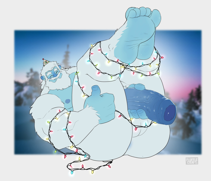 2021 5_toes anthro balls barazoku bdsm biceps big_butt big_penis blue_body blue_skin bondage bound butt christmas christmas_light_bondage christmas_lights feet flufflecraft foreskin fur genitals gesture glistening glistening_genitalia glistening_penis hand_on_penis hi_res holidays huge_penis humanoid_feet humanoid_genitalia humanoid_penis male muscular muscular_anthro muscular_male nipples pecs penis soles solo thick_penis thick_thighs thumbs_up toes white_body white_fur yeti